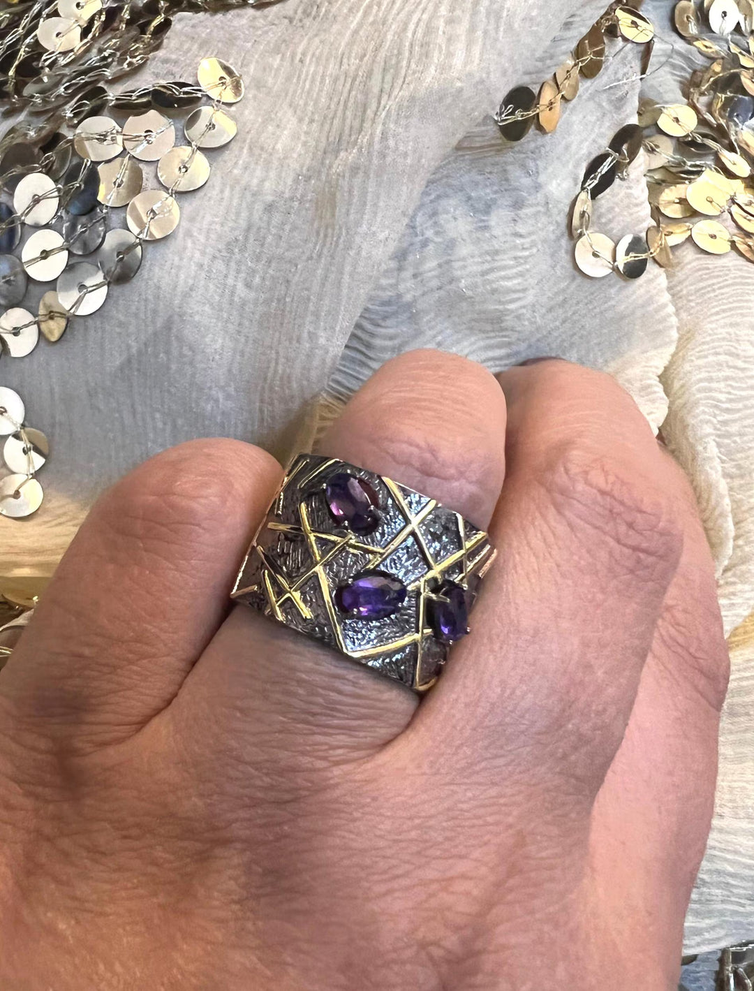 Designer Amethyst Ring, Pure 925 Silver Statement Ring
