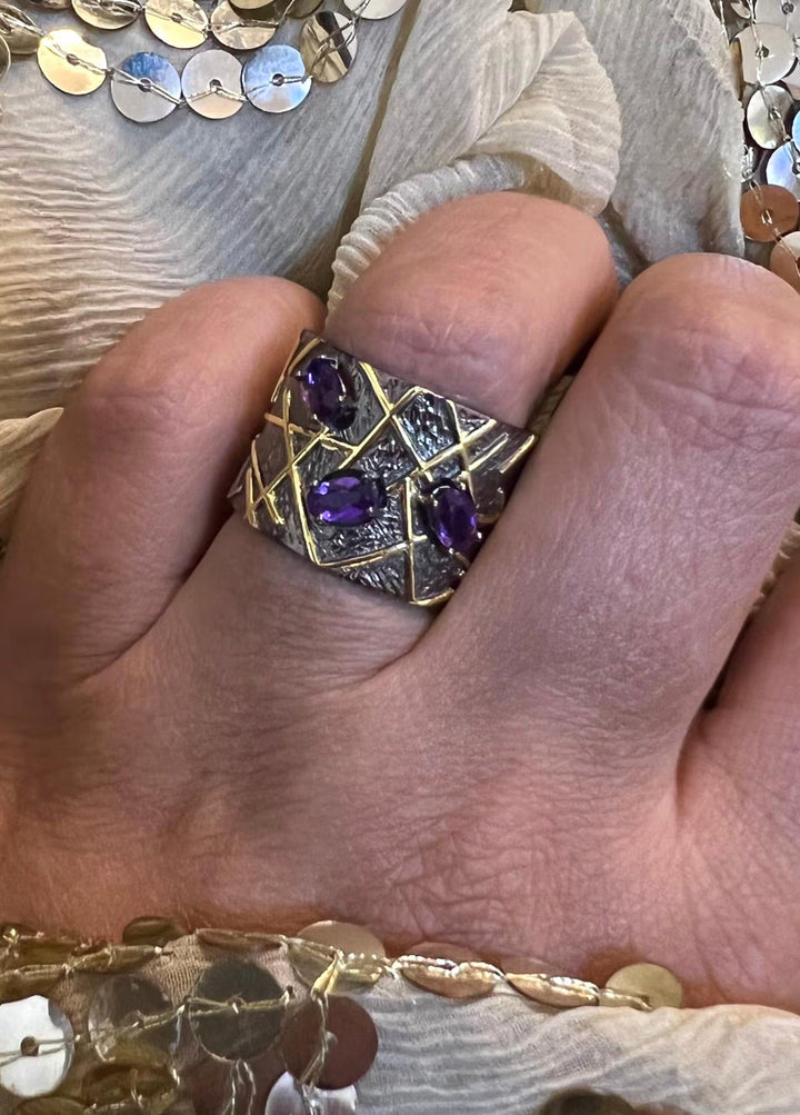 Designer Amethyst Ring, Pure 925 Silver Statement Ring