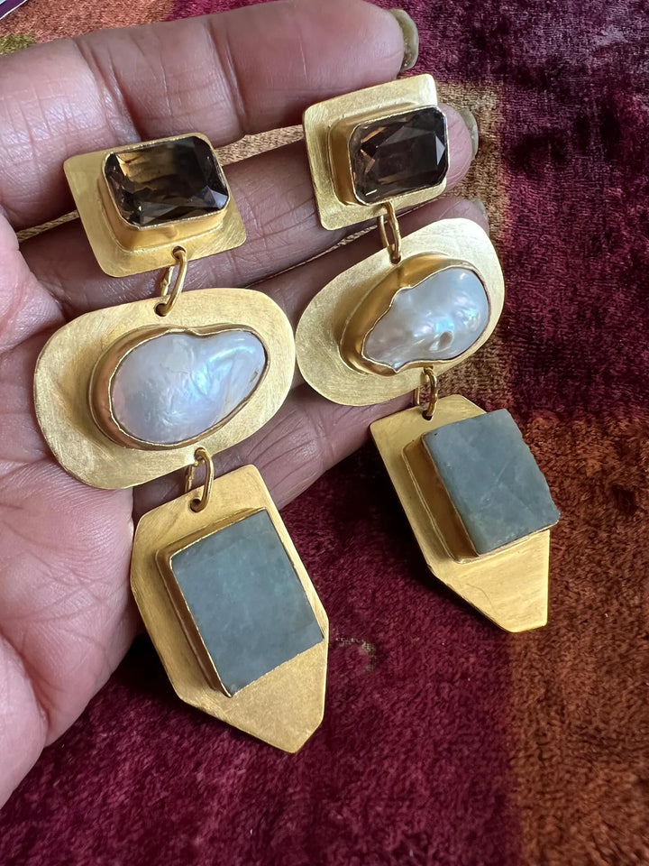 Smoky Quartz Baroque Pearl Amazonite Drop Earrings