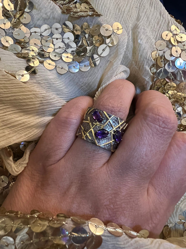 Designer Amethyst Ring, Pure 925 Silver Statement Ring