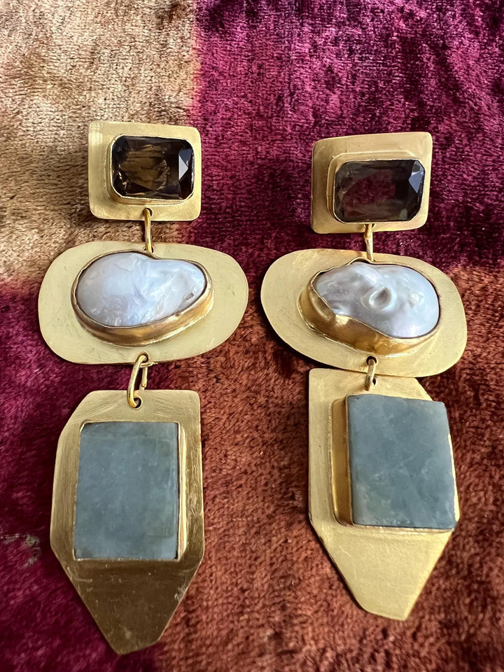 Smoky Quartz Baroque Pearl Amazonite Drop Earrings