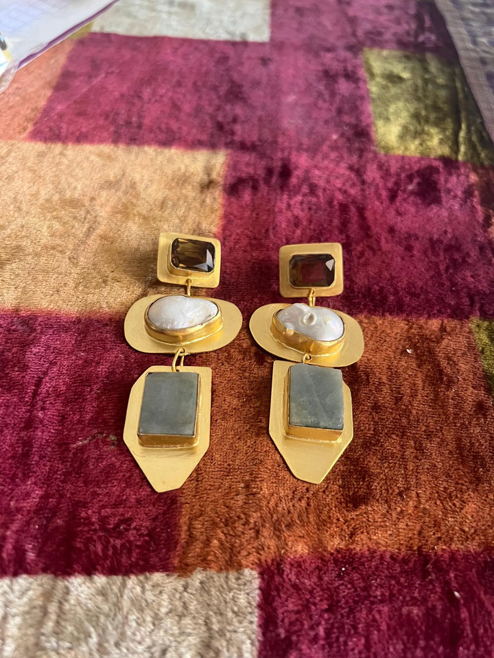 Smoky Quartz Baroque Pearl Amazonite Drop Earrings