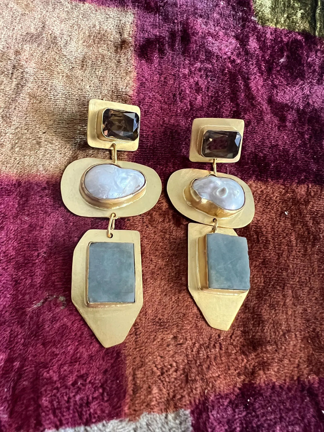 Smoky Quartz Baroque Pearl Amazonite Drop Earrings