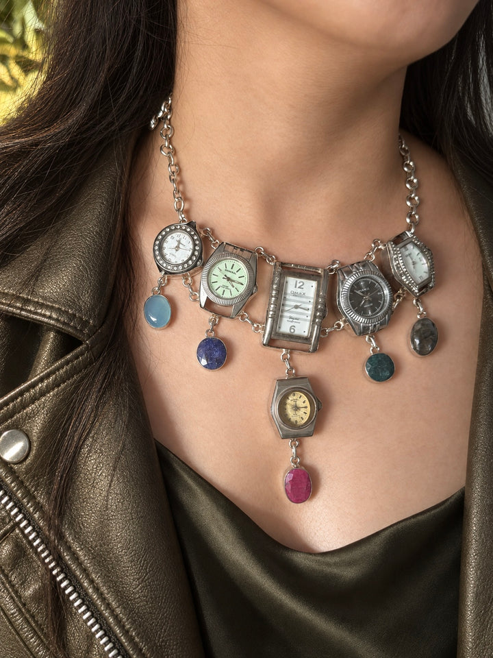 Vintage Watch Heads Gemstone Statement Necklace
