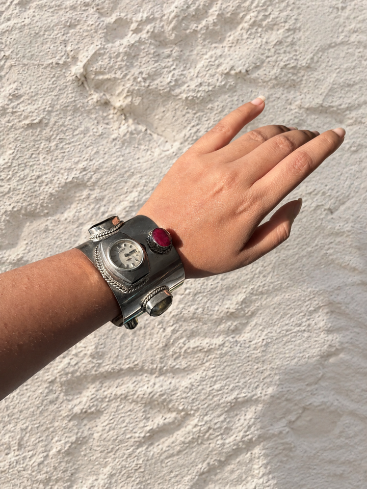 Vintage Watch Gemstone Silver-Tone Cuff