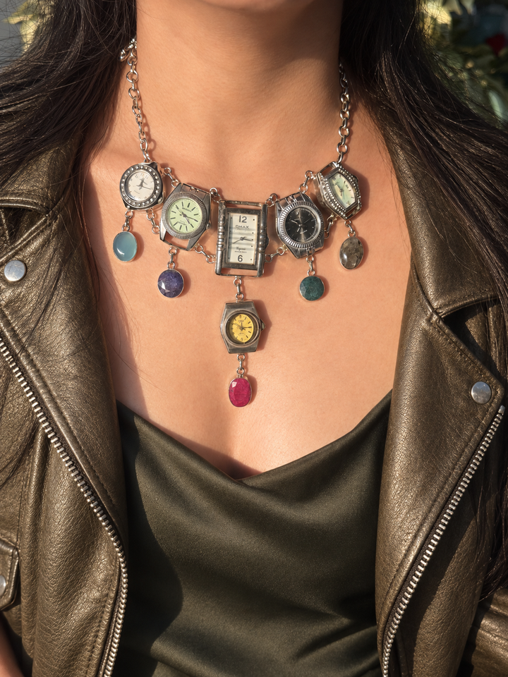 Vintage Watch Heads Gemstone Statement Necklace