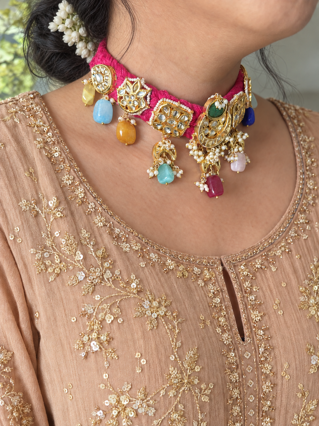 Pink Braided Kundan Motif Fusion Necklace