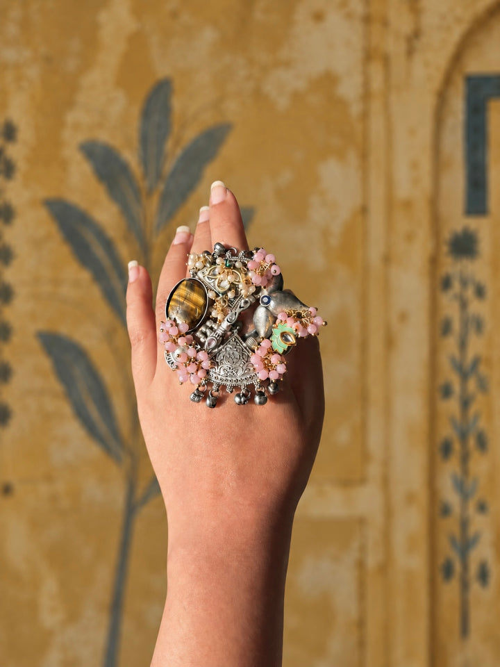 Tiger’s Eye Pink Floral Temple Haathphool Ring
