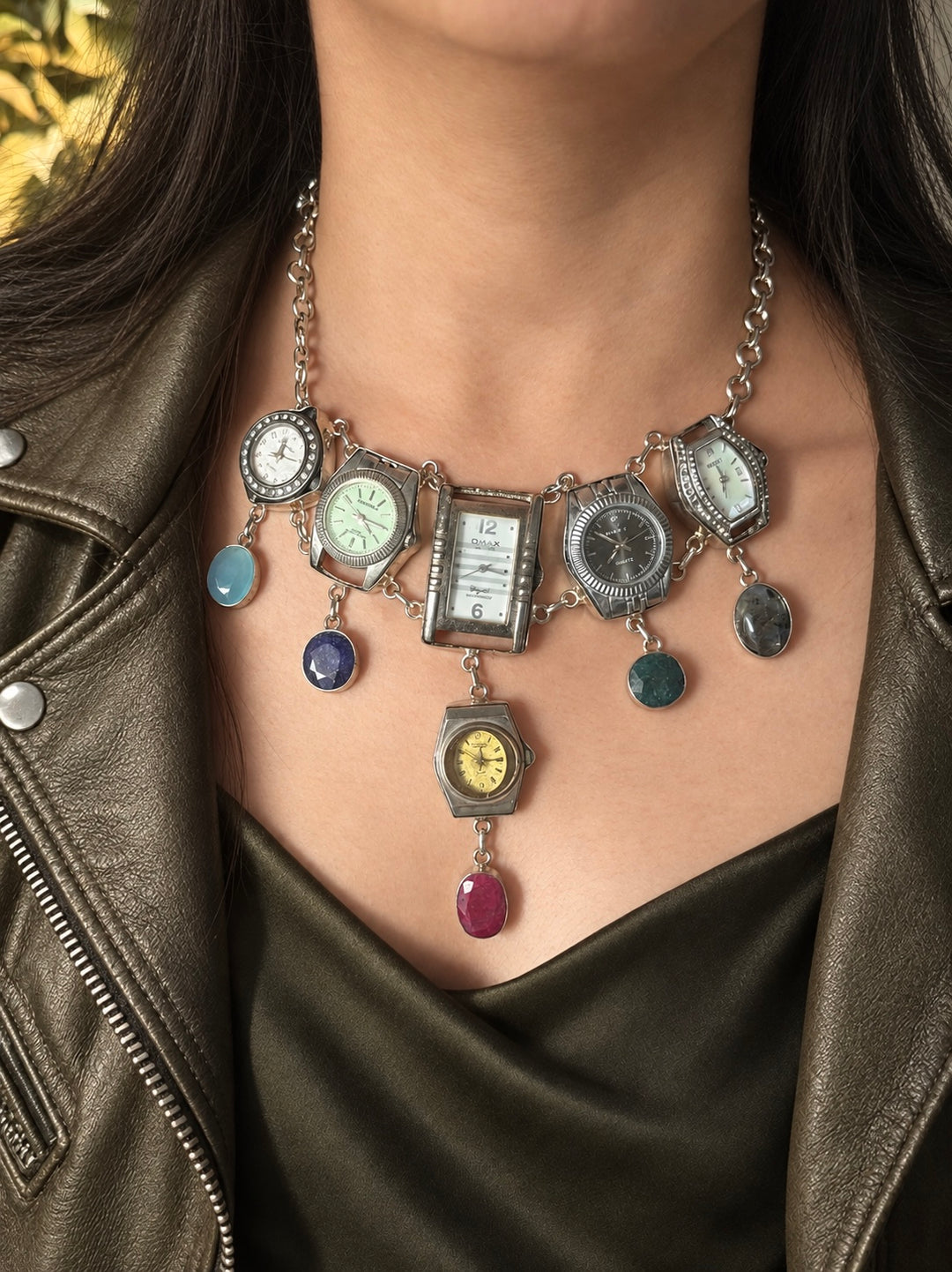 Vintage Watch Heads Gemstone Statement Necklace