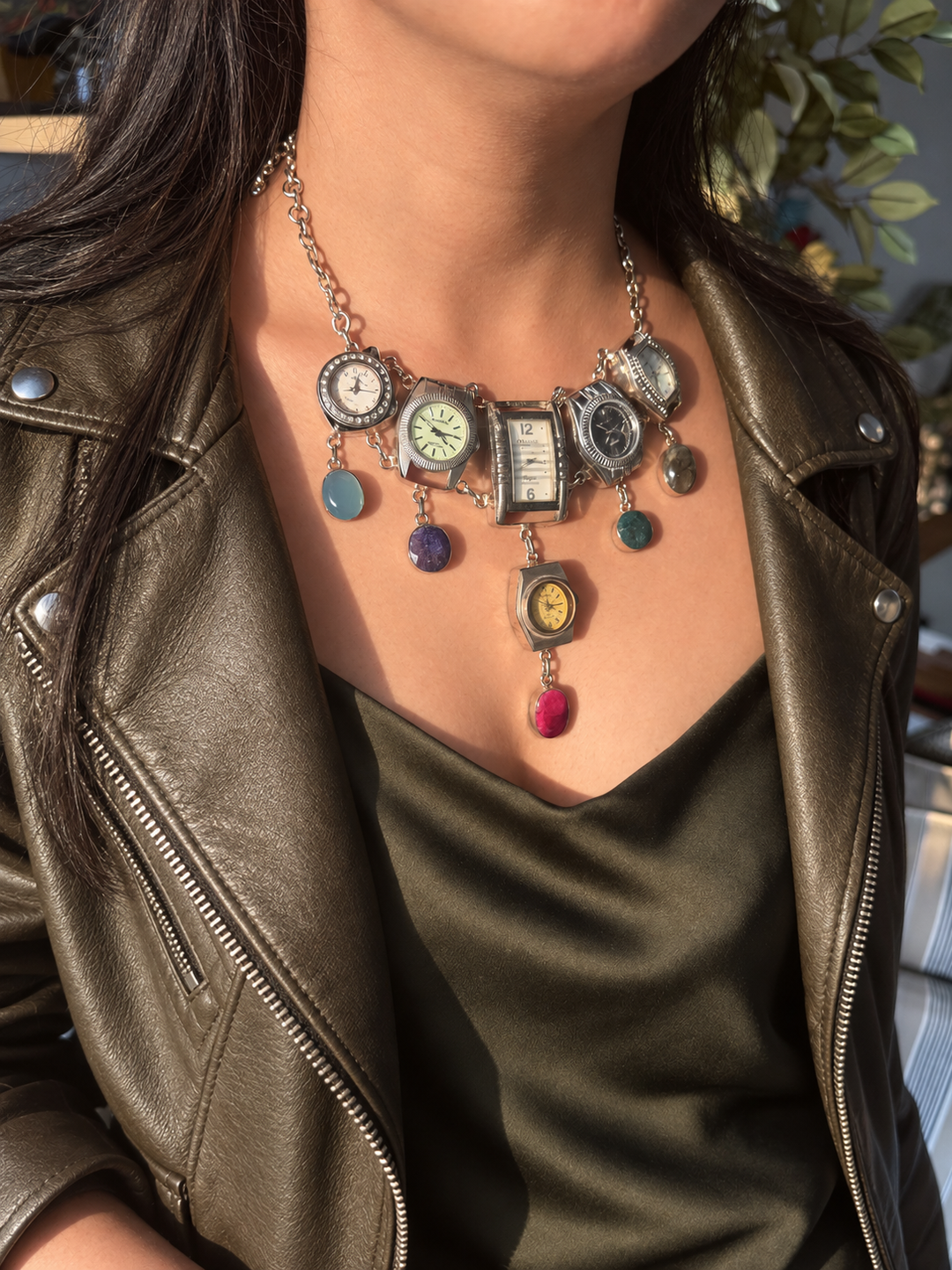 Vintage Watch Heads Gemstone Statement Necklace