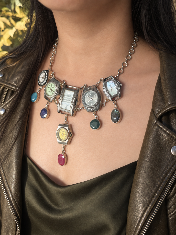 Vintage Watch Heads Gemstone Statement Necklace
