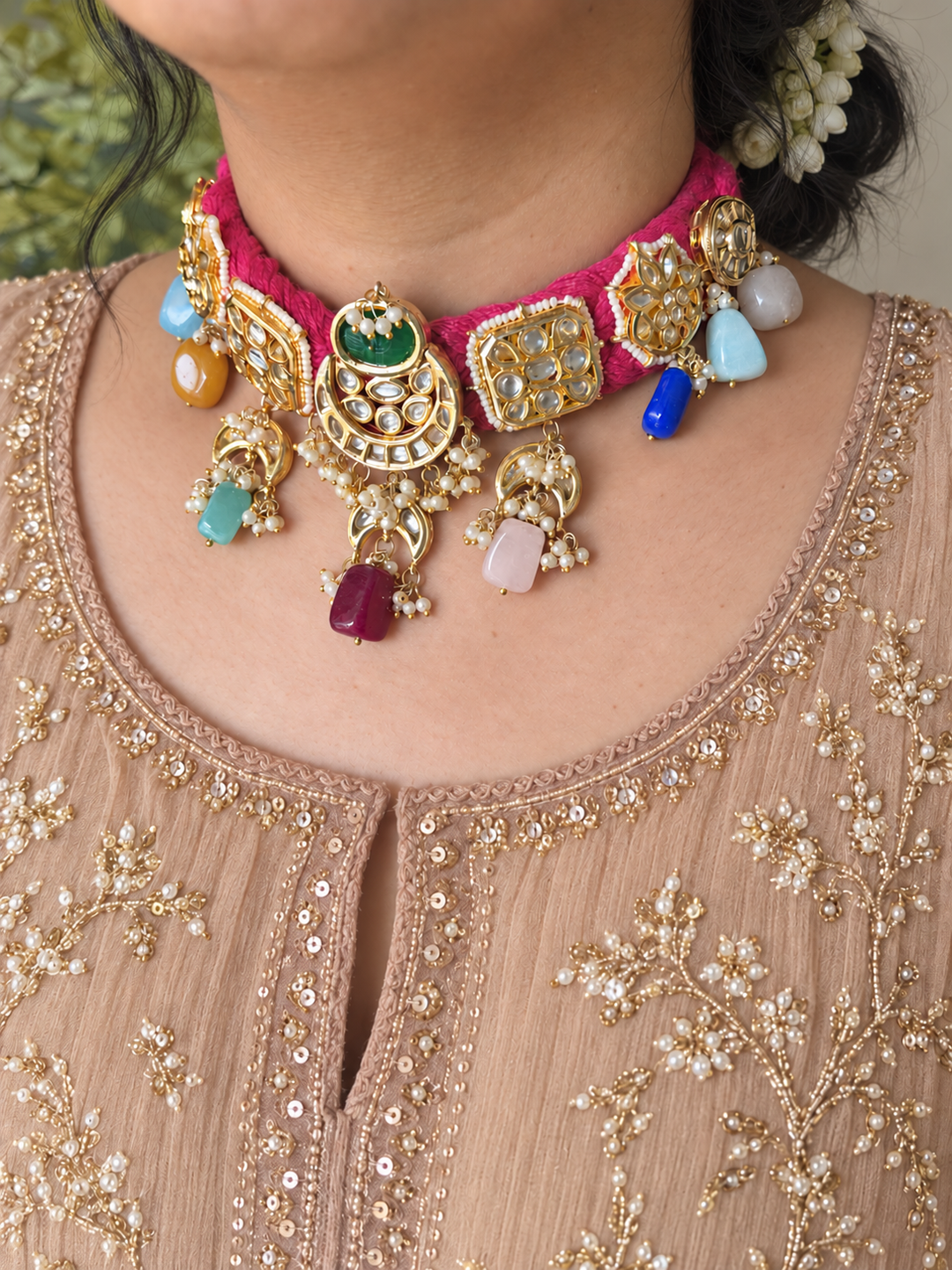 Pink Braided Kundan Motif Fusion Necklace