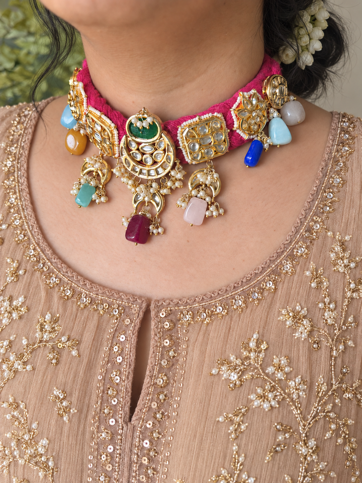 Pink Braided Kundan Motif Fusion Necklace
