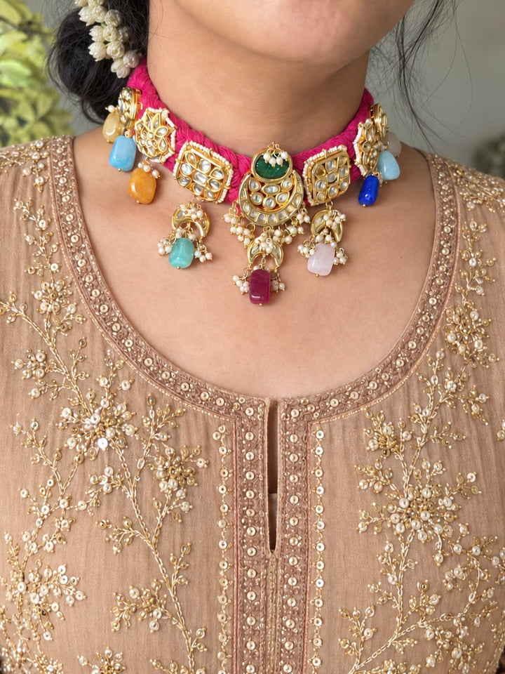 Pink Braided Kundan Motif Fusion Necklace