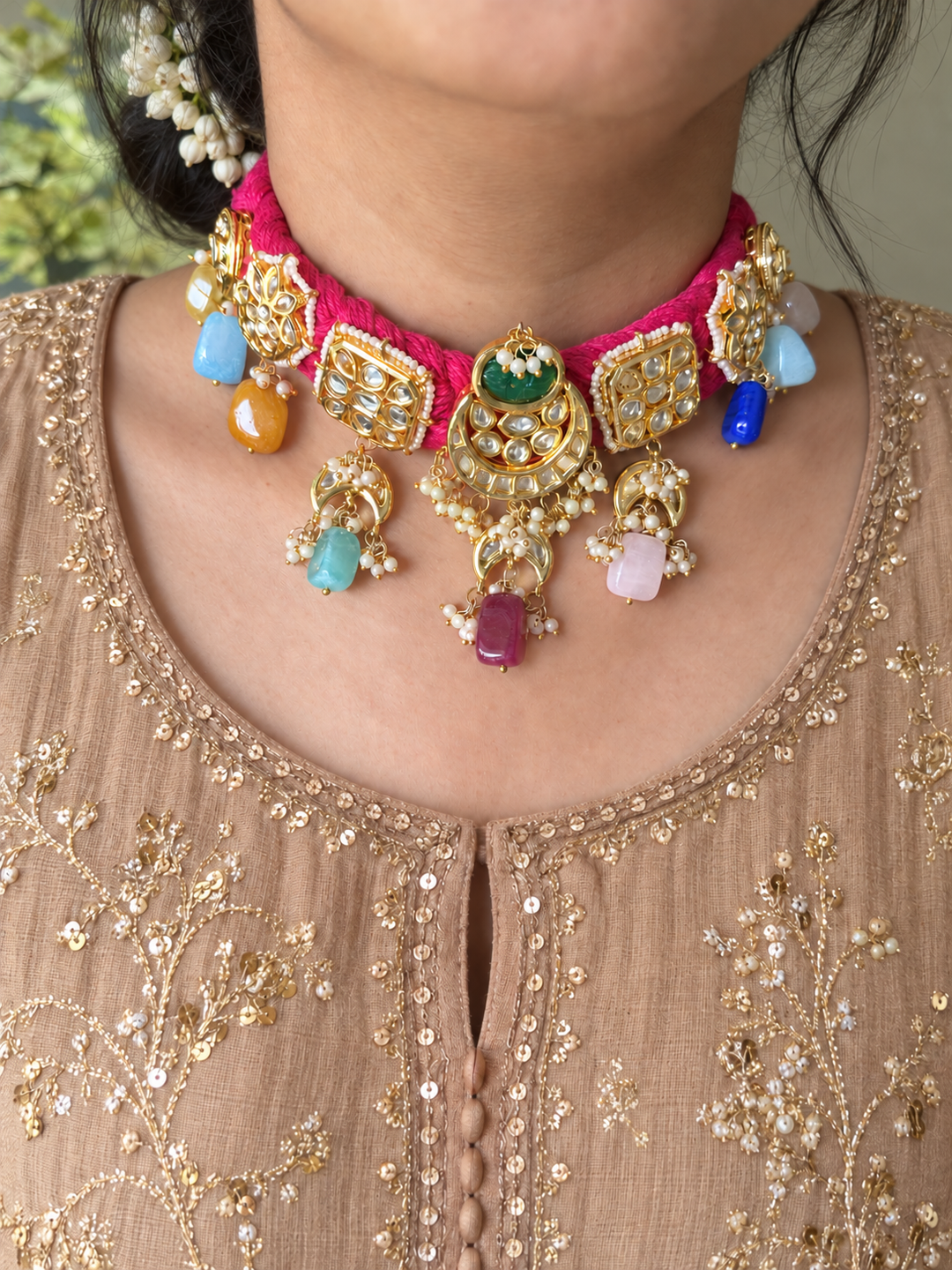 Pink Braided Kundan Motif Fusion Necklace