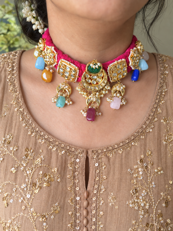 Pink Braided Kundan Motif Fusion Necklace
