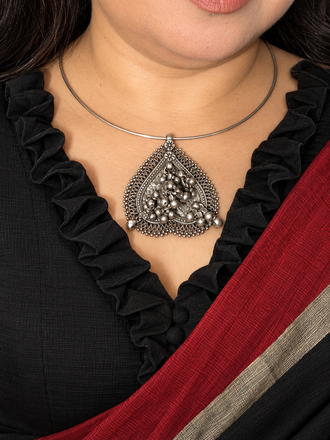 925 Silver Antique Tribal Spade Hasli Necklace with Detachable Pendant