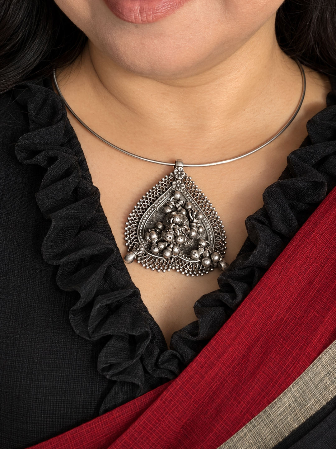 925 Silver Antique Tribal Spade Hasli Necklace with Detachable Pendant