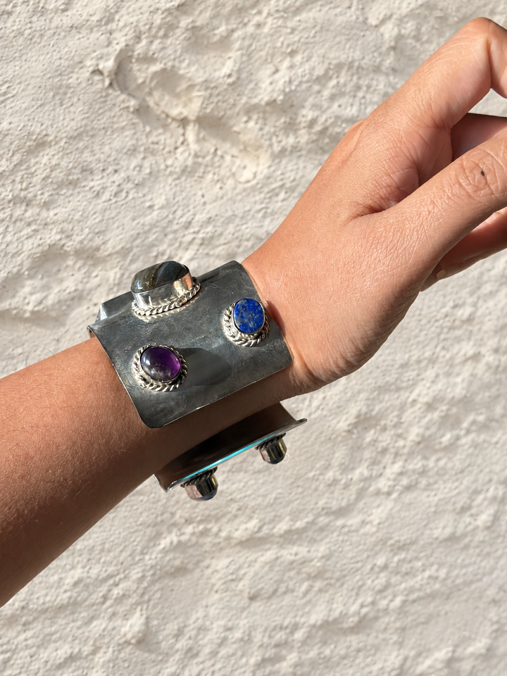 Vintage Watch Gemstone Silver-Tone Cuff