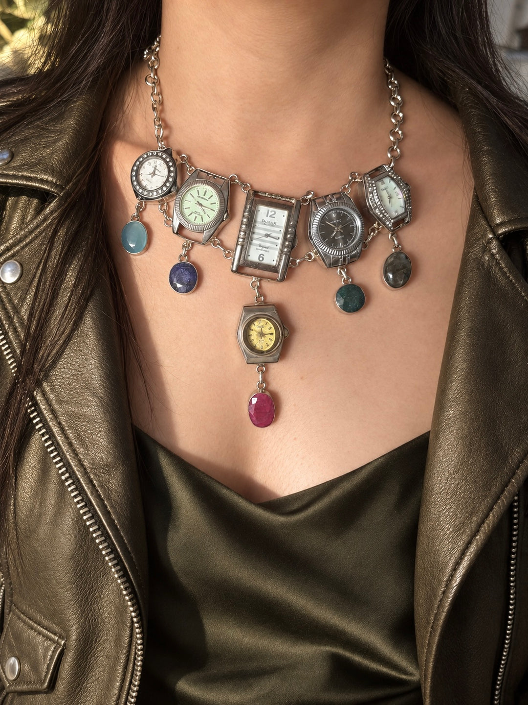 Vintage Watch Heads Gemstone Statement Necklace