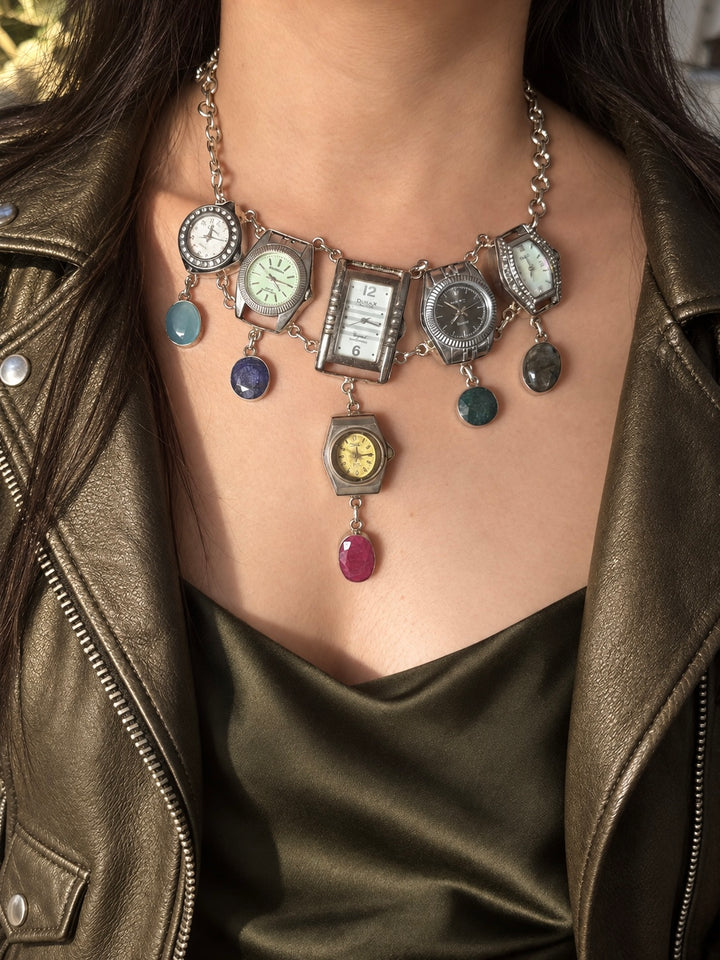 Vintage Watch Heads Gemstone Statement Necklace