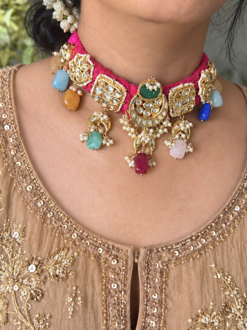Pink Braided Kundan Motif Fusion Necklace