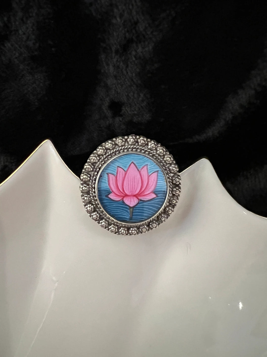 Hand-Painted Lotus Ring - Exquisite Artistry from Jaisalmer, Rajasthan