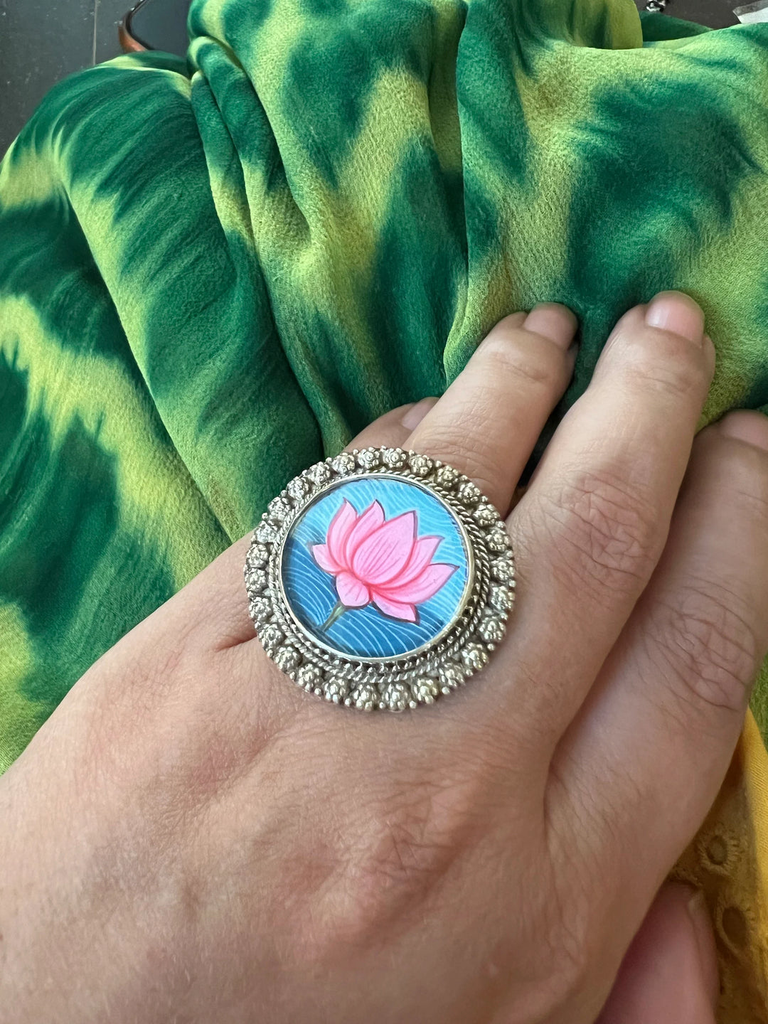 Hand-Painted Lotus Ring - Exquisite Artistry from Jaisalmer, Rajasthan
