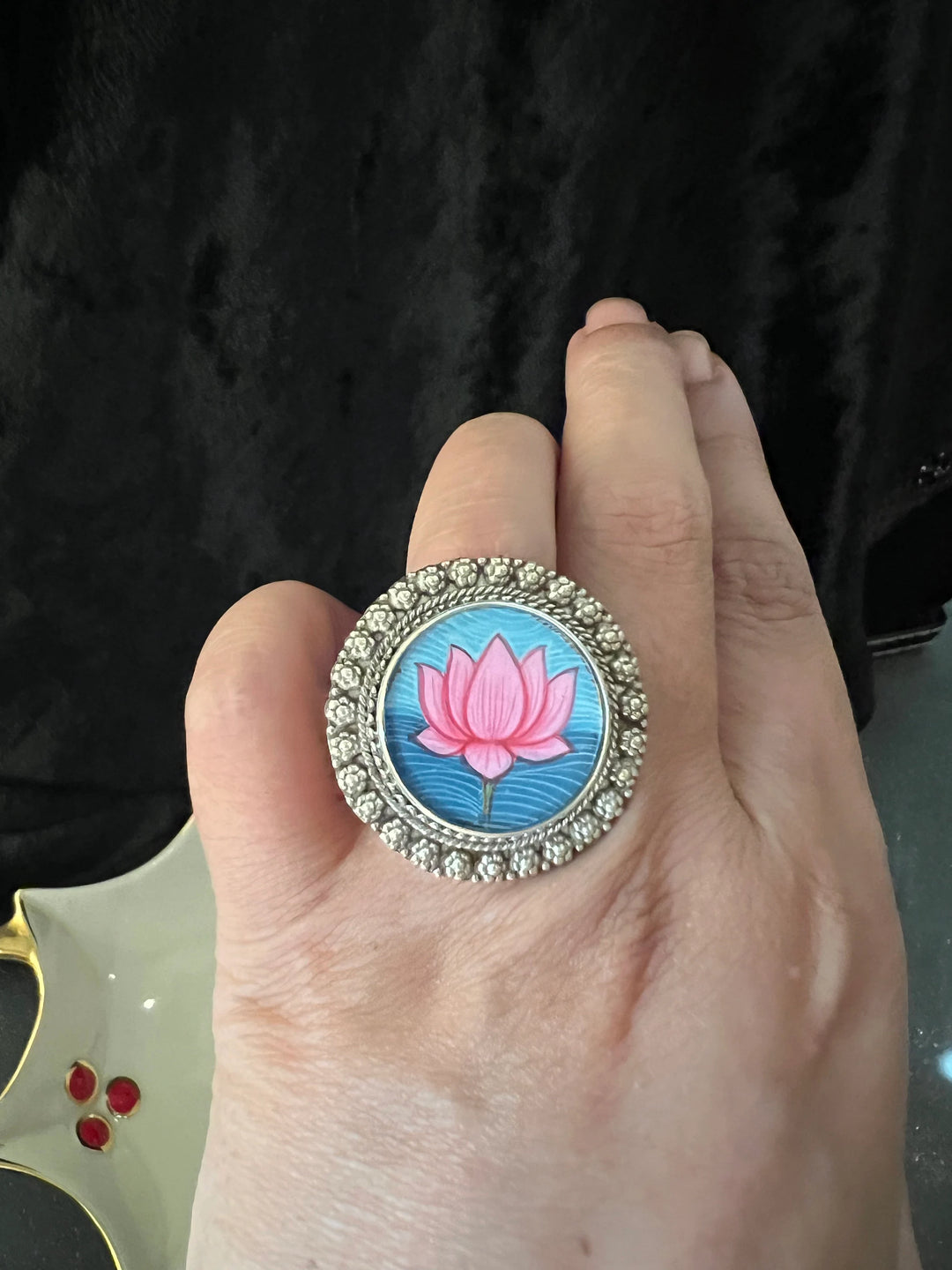 Hand-Painted Lotus Ring - Exquisite Artistry from Jaisalmer, Rajasthan