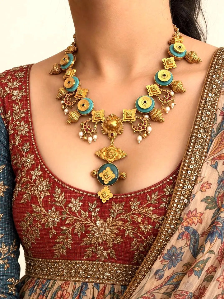 Turquoise Pearl Kundan 925 Silver Necklace