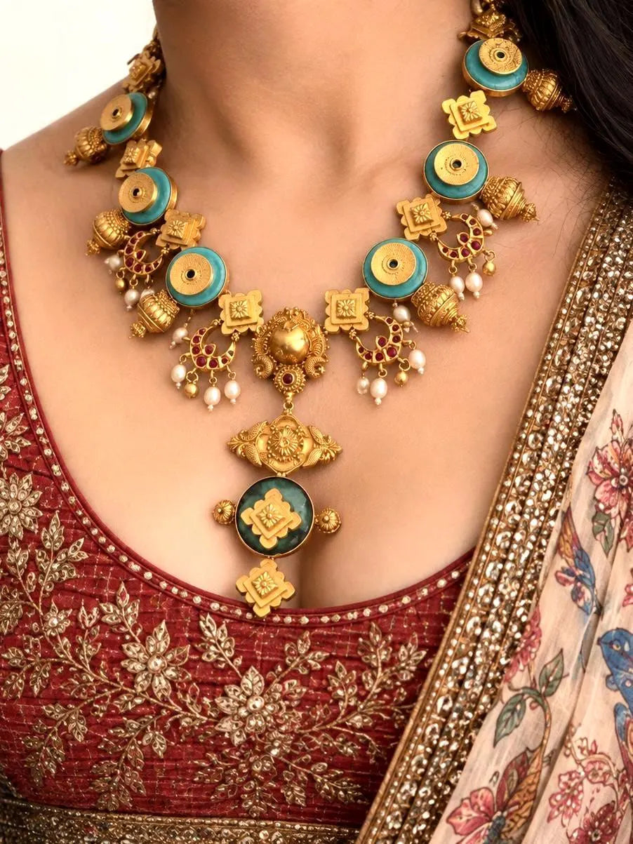 Turquoise Pearl Kundan 925 Silver Necklace