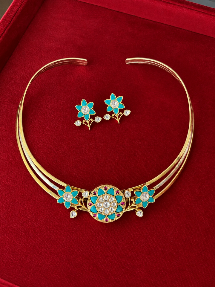 Turquoise Floral 925 Silver Hasli Necklace Set