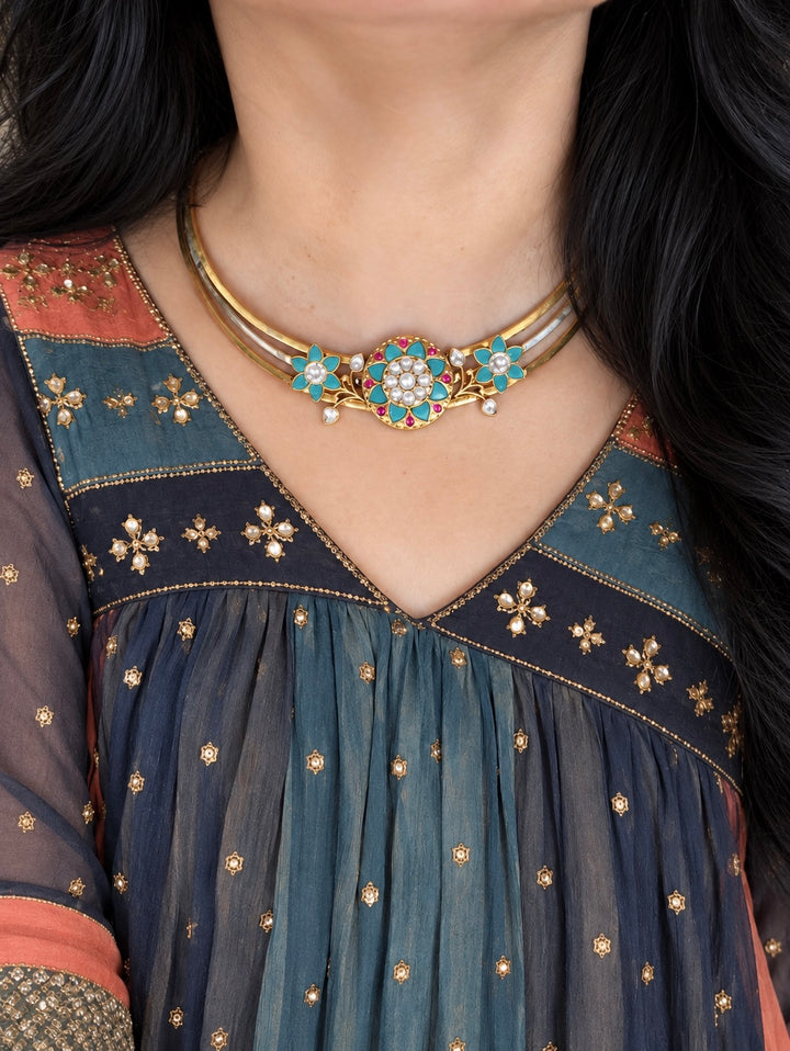 Turquoise Floral 925 Silver Hasli Necklace Set