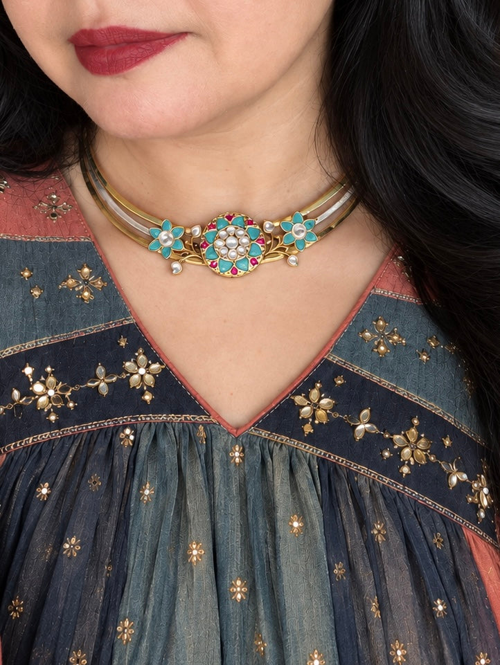 Turquoise Floral 925 Silver Hasli Necklace Set