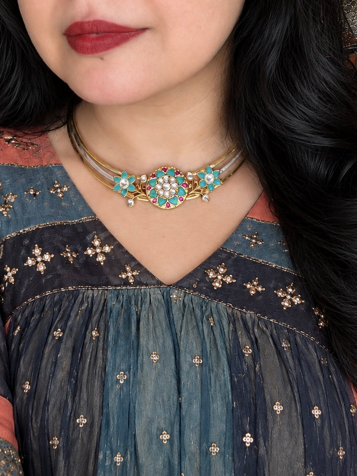 Turquoise Floral 925 Silver Hasli Necklace Set
