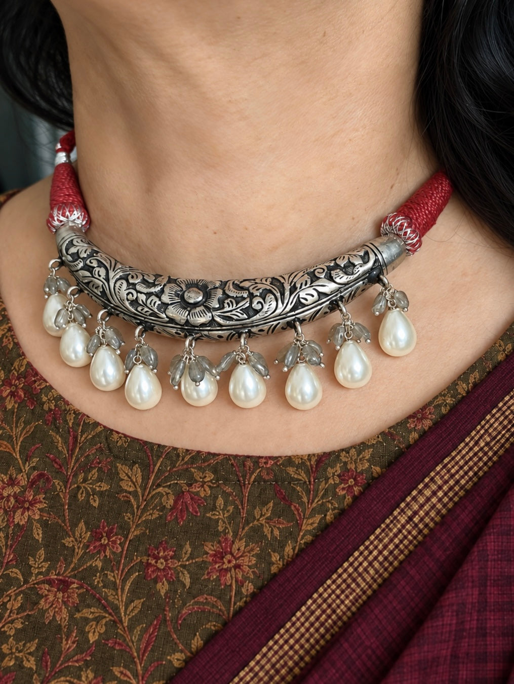 925 Silver Chitai Hasli Set with Shell Pearl Drops