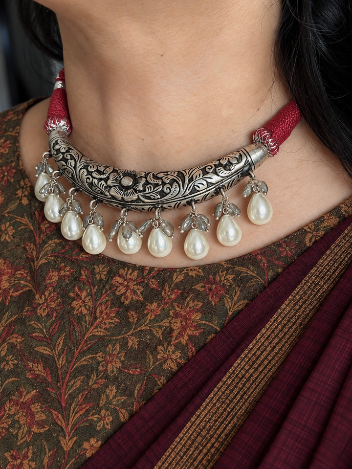 925 Silver Chitai Hasli Set with Shell Pearl Drops