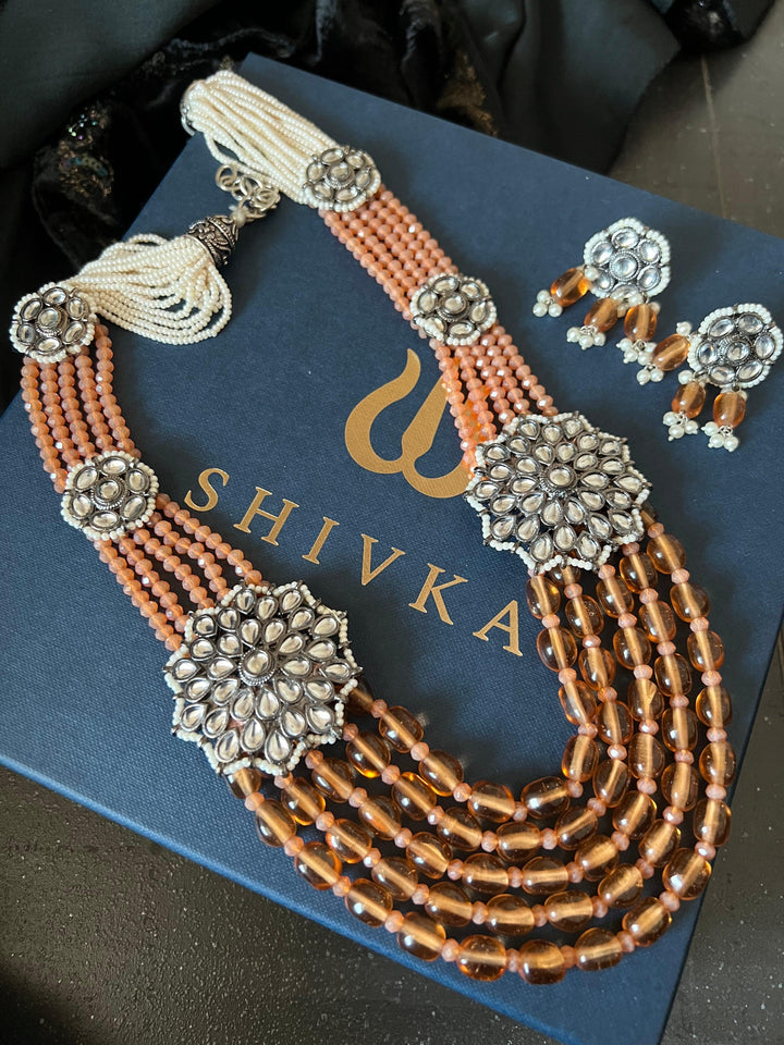Multilayered Antique Kundan Necklace with Earrings - SHIVKA
