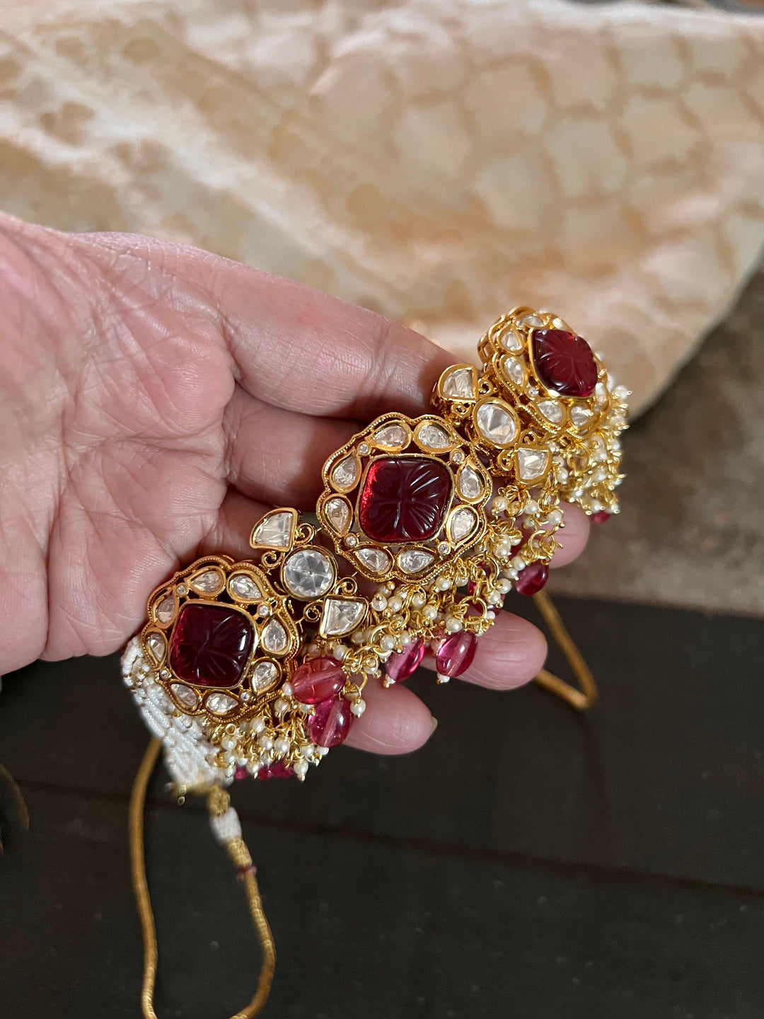 Gorgeous Carved Stone Kundan Choker with Earrings - SHIVKA