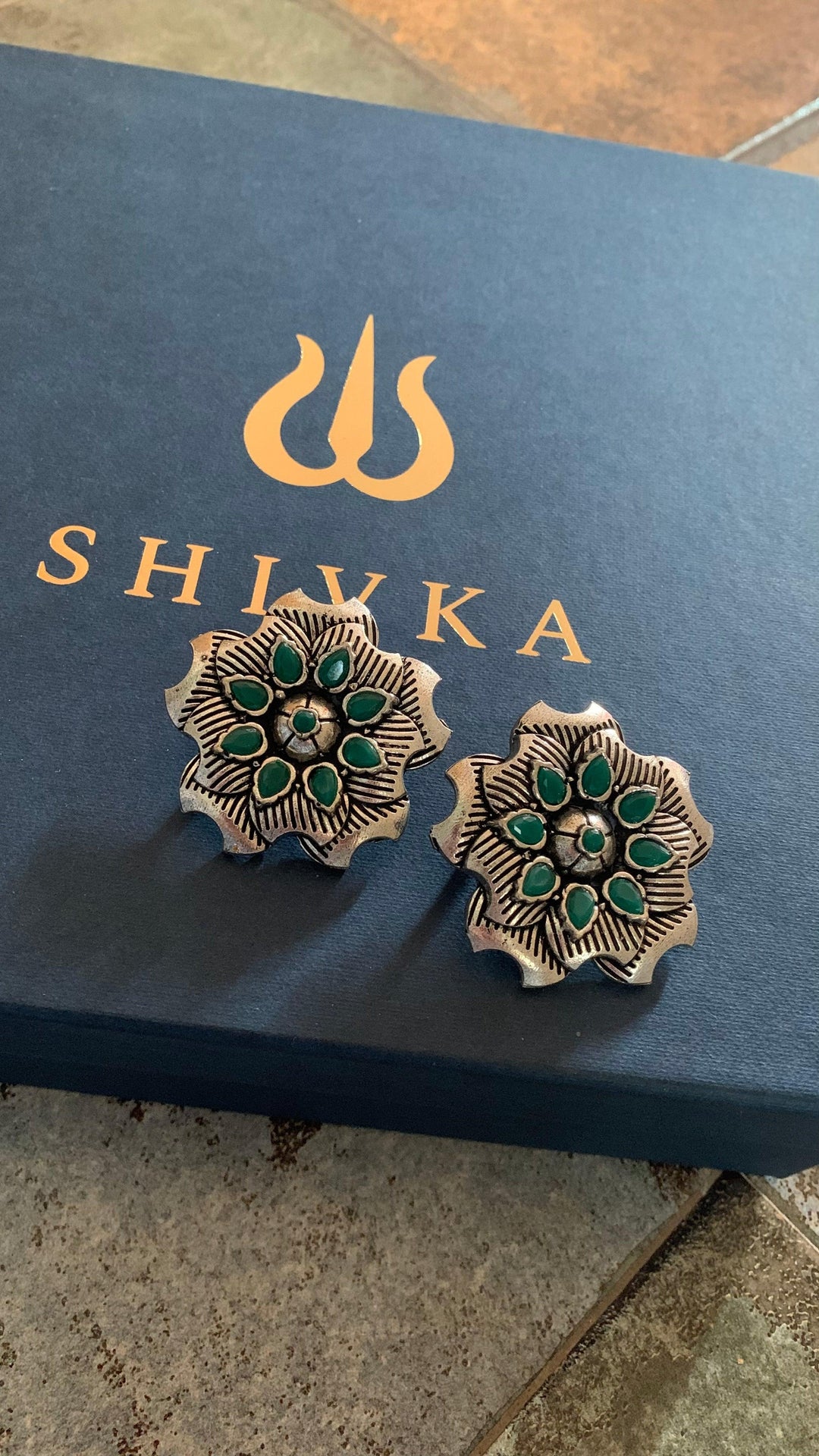 Oversized Antique Green Stone Studs - SHIVKA