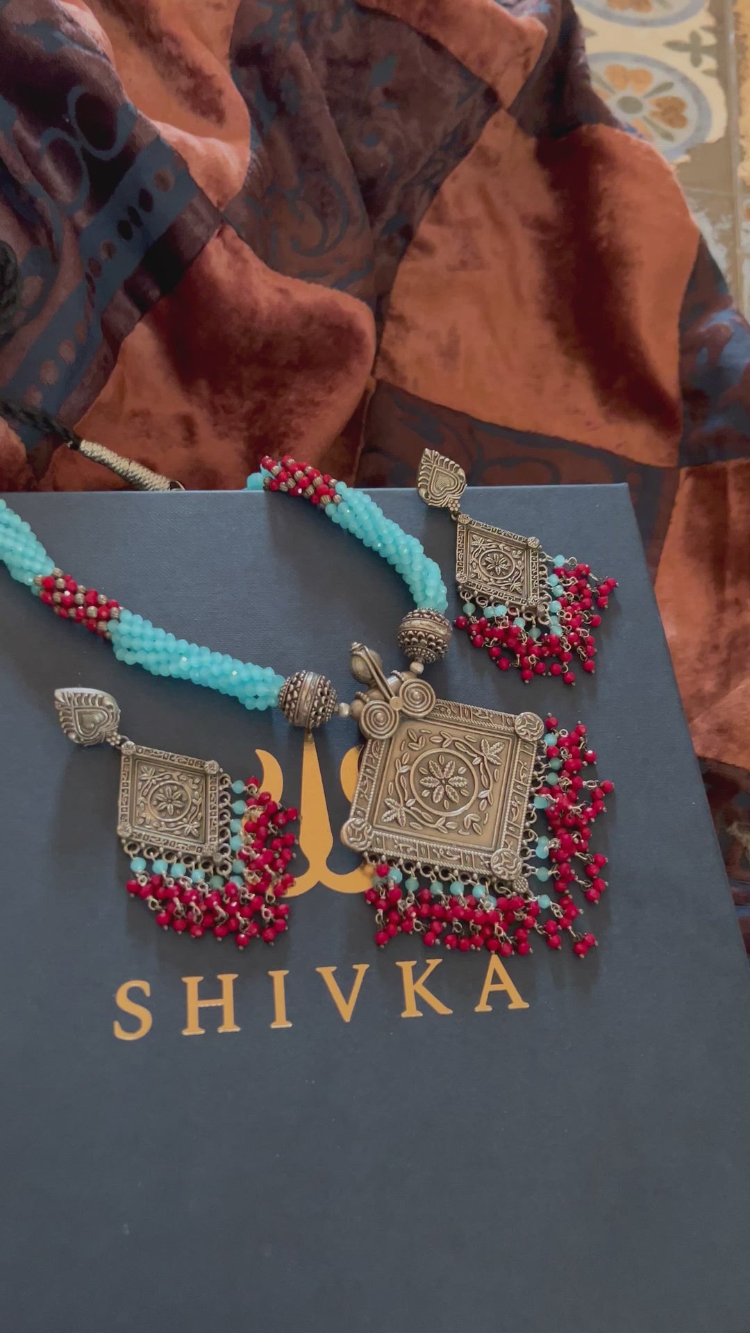 Beautiful Blue and Red Pendant Necklace with Statement Earrings