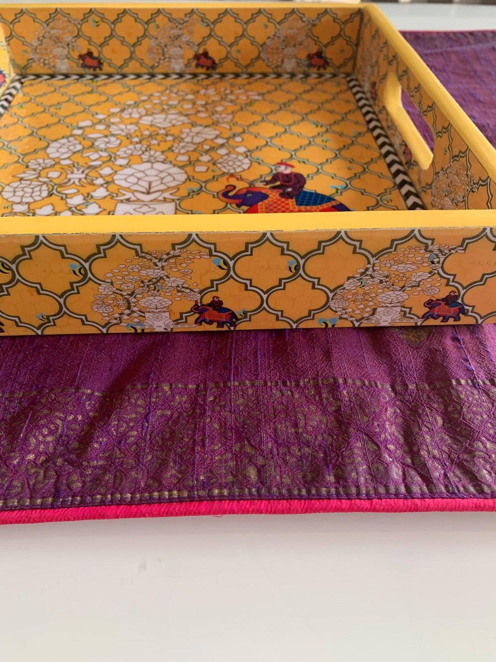 Yellow Elephant Design Enamelled Tray - SHIVKA