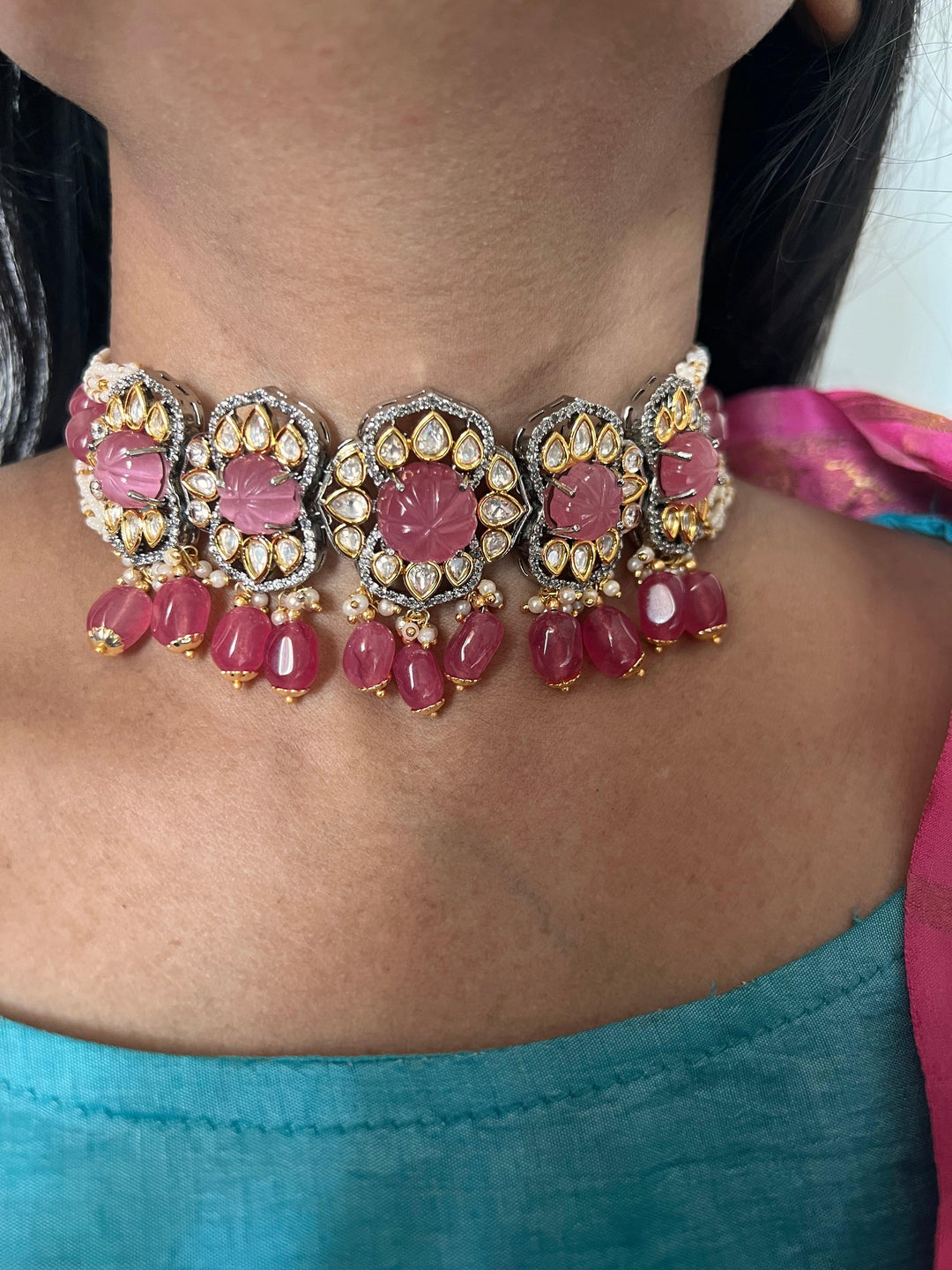Pink Carved Stone Kundan Choker with Earrings - SHIVKA