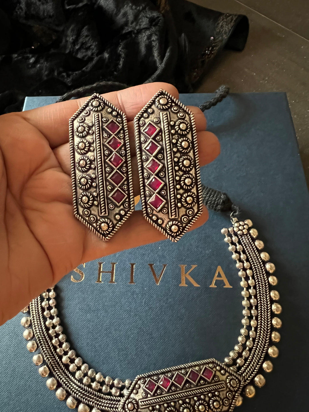 Hexagon Antique Necklace with Statement Studs - SHIVKA