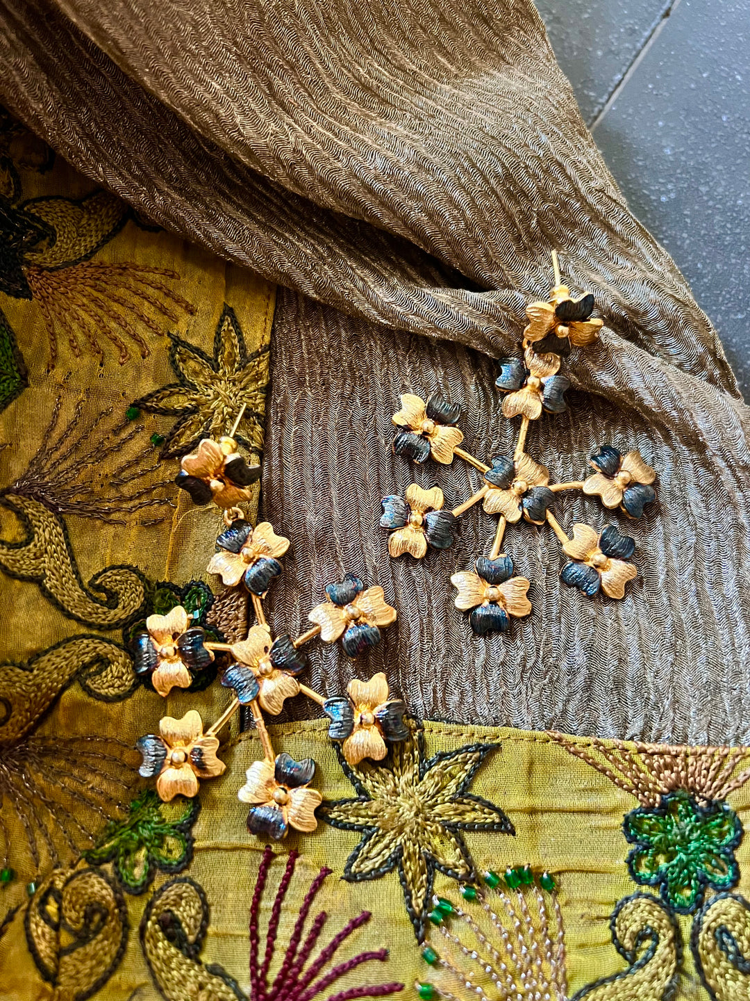 Asymmetric Flowered Wheel Design Earrings/ Dual Tone Earrings