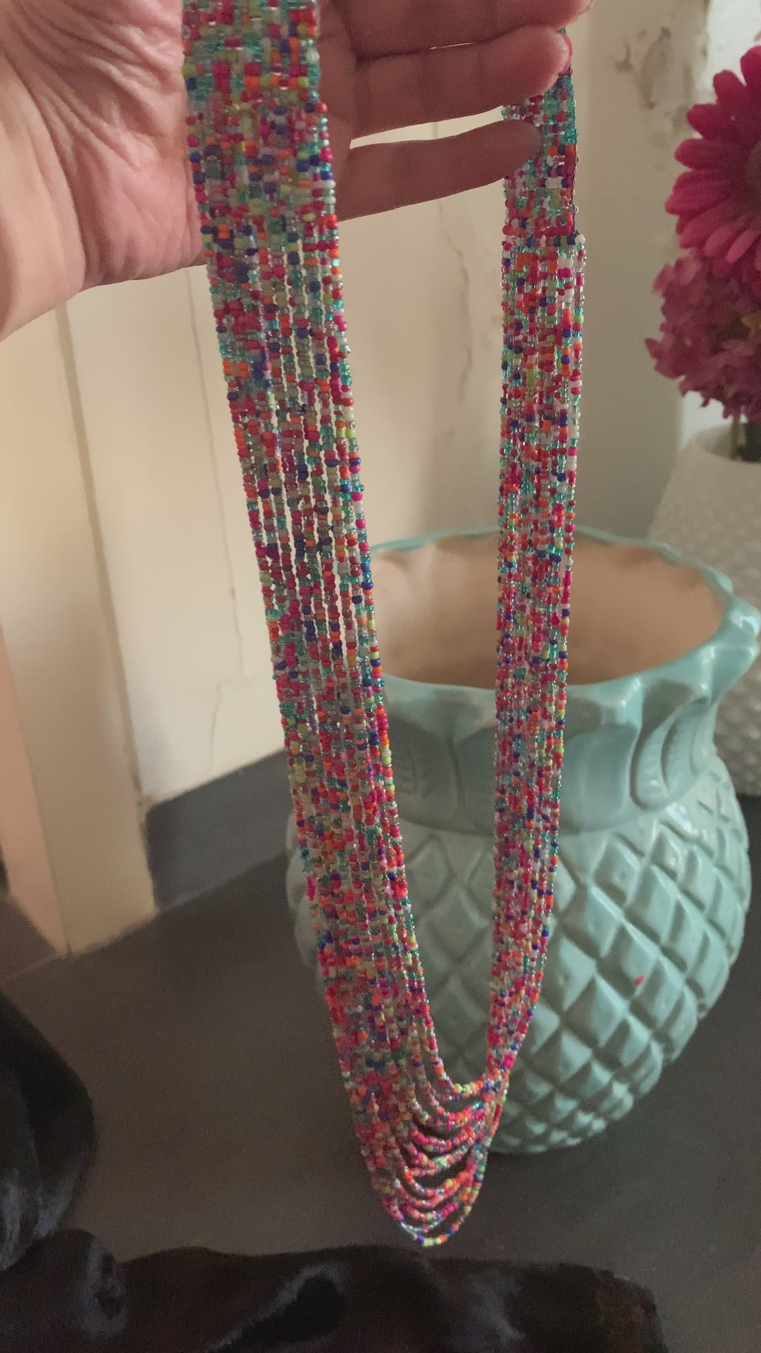 Statement Beaded Long Necklace with Oversized Brass Studs