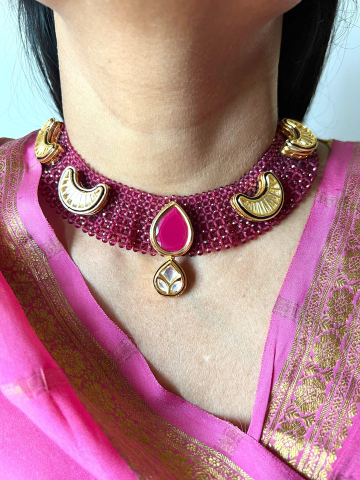 Statement Kundan Mesh Choker Necklace with Earrings - SHIVKA