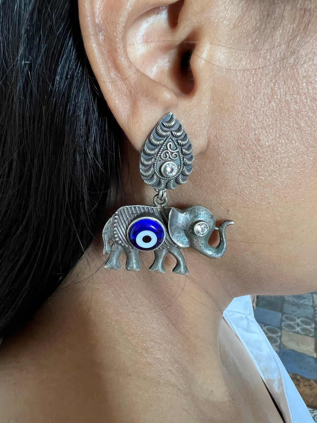 Evil Eye Antique Elephant Design Earrings