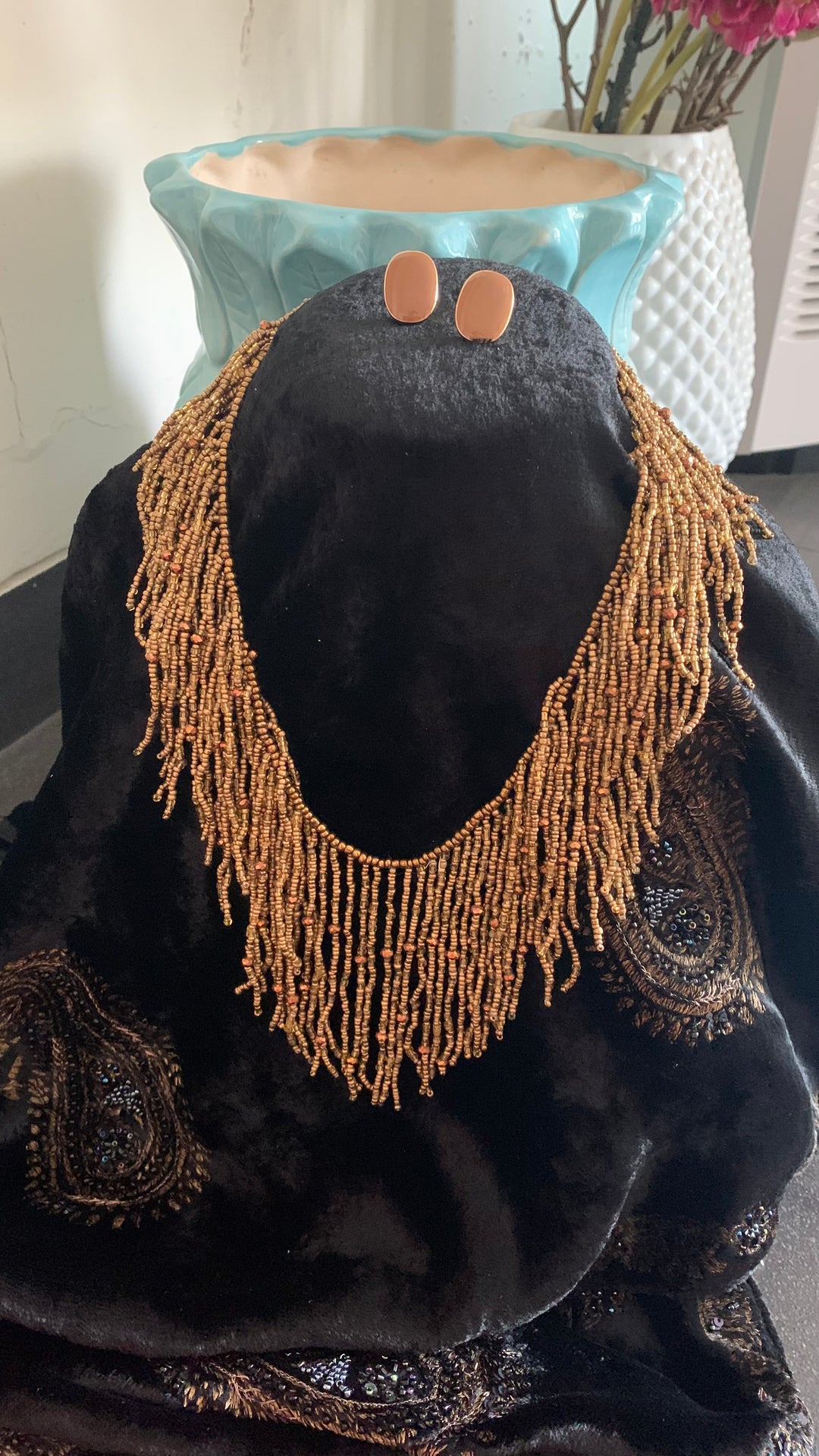 Boho Brown Beaded Necklace with Stone Studs