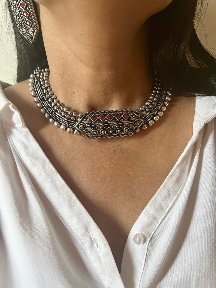 Hexagon Antique Necklace with Statement Studs - SHIVKA